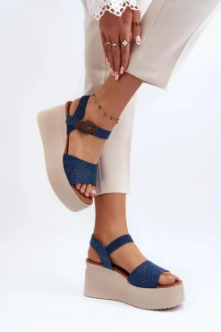 Boto Sandały Na Koturnie*Damskie Jeansowe Sandały Na Koturnie Niebieskie Geferia