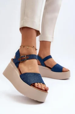 Boto Sandały Na Koturnie*Damskie Jeansowe Sandały Na Koturnie Niebieskie Geferia