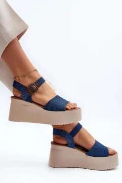Boto Sandały Na Koturnie*Damskie Jeansowe Sandały Na Koturnie Niebieskie Geferia