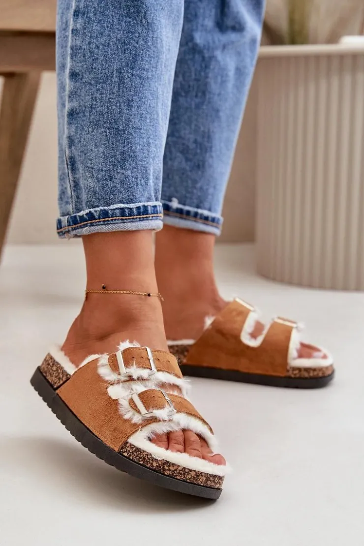 Damskie Boto Damskie Kapcie Klapki Z Klamrami I Futerkiem Camel Ezilena