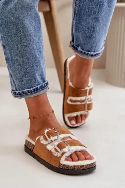 Damskie Boto Damskie Kapcie Klapki Z Klamrami I Futerkiem Camel Ezilena