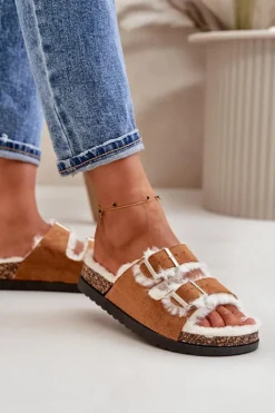 Damskie Boto Damskie Kapcie Klapki Z Klamrami I Futerkiem Camel Ezilena