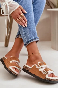 Damskie Boto Damskie Kapcie Klapki Z Klamrami I Futerkiem Camel Ezilena