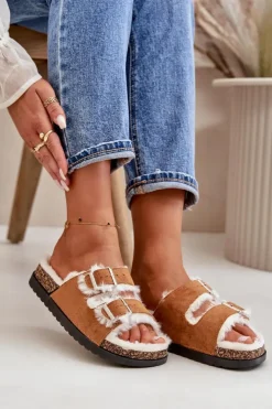 Damskie Boto Damskie Kapcie Klapki Z Klamrami I Futerkiem Camel Ezilena