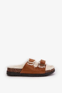 Damskie Boto Damskie Kapcie Klapki Z Klamrami I Futerkiem Camel Ezilena