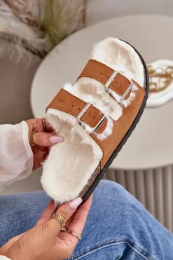 Damskie Boto Damskie Kapcie Klapki Z Klamrami I Futerkiem Camel Ezilena