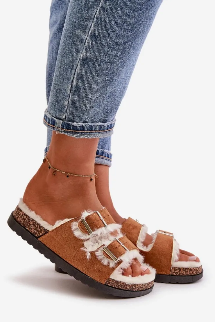 Damskie Boto Damskie Kapcie Klapki Z Klamrami I Futerkiem Camel Ezilena
