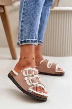 Damskie Boto Damskie Kapcie Klapki Z Klamrami I Futerkiem Beżowe Ezilena