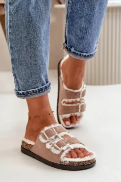 Damskie Boto Damskie Kapcie Klapki Z Klamrami I Futerkiem Beżowe Ezilena