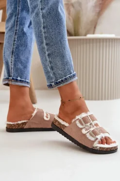 Damskie Boto Damskie Kapcie Klapki Z Klamrami I Futerkiem Beżowe Ezilena