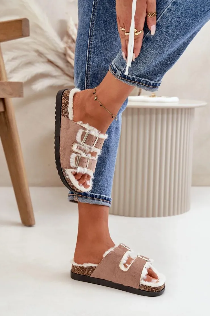 Damskie Boto Damskie Kapcie Klapki Z Klamrami I Futerkiem Beżowe Ezilena