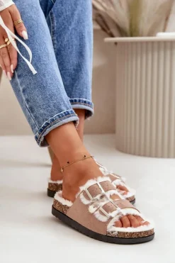 Damskie Boto Damskie Kapcie Klapki Z Klamrami I Futerkiem Beżowe Ezilena