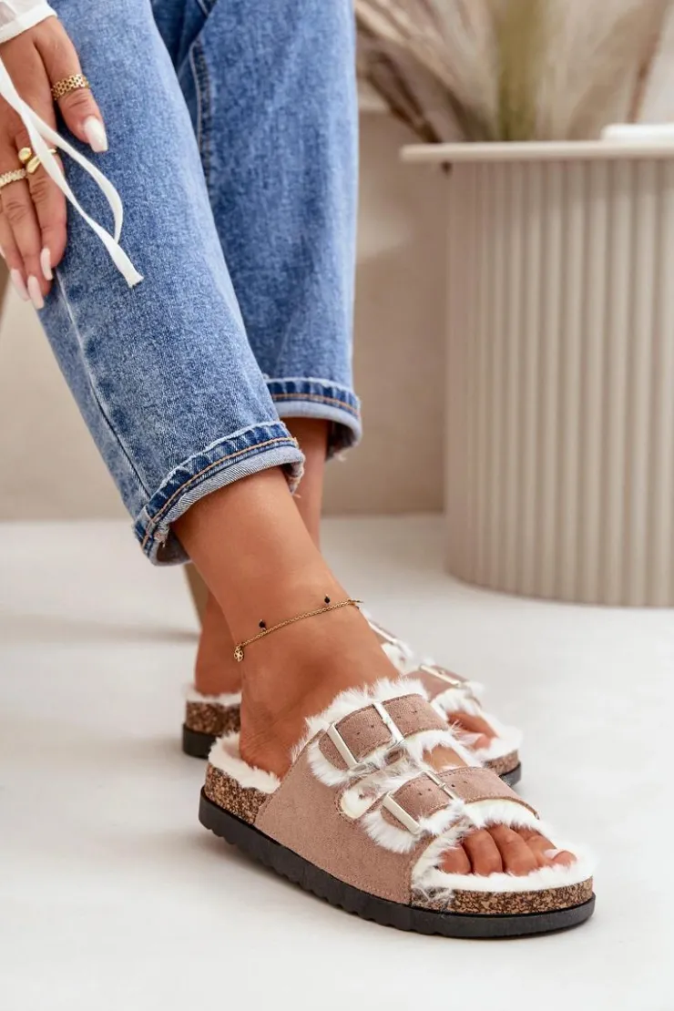 Damskie Boto Damskie Kapcie Klapki Z Klamrami I Futerkiem Beżowe Ezilena