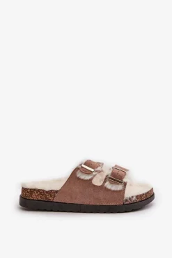 Damskie Boto Damskie Kapcie Klapki Z Klamrami I Futerkiem Beżowe Ezilena