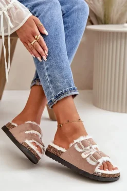 Damskie Boto Damskie Kapcie Klapki Z Klamrami I Futerkiem Beżowe Ezilena