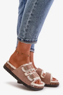 Damskie Boto Damskie Kapcie Klapki Z Klamrami I Futerkiem Beżowe Ezilena