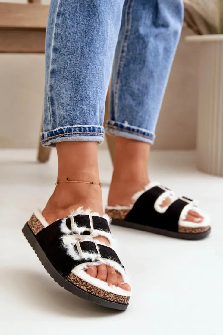 Boto Kapcie Klasyczne*Damskie Kapcie Klapki Z Klamrami I Futerkiem Czarne Ezilena Czarny