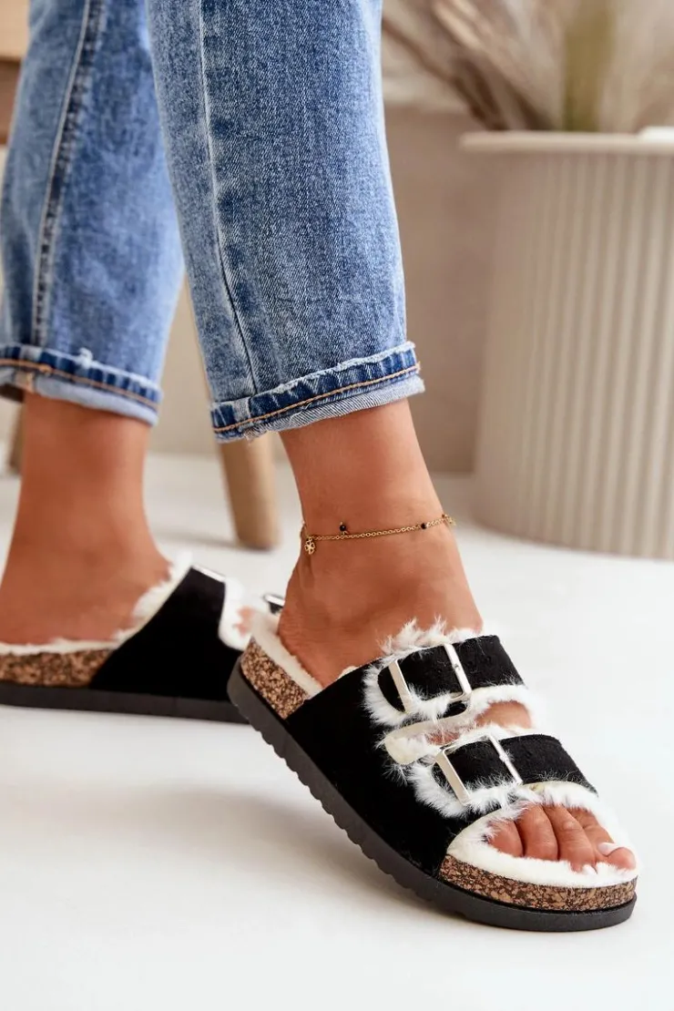 Boto Kapcie Klasyczne*Damskie Kapcie Klapki Z Klamrami I Futerkiem Czarne Ezilena Czarny