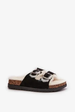 Boto Kapcie Klasyczne*Damskie Kapcie Klapki Z Klamrami I Futerkiem Czarne Ezilena Czarny