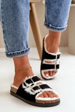 Boto Kapcie Klasyczne*Damskie Kapcie Klapki Z Klamrami I Futerkiem Czarne Ezilena Czarny