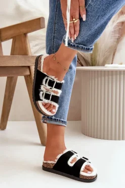 Boto Kapcie Klasyczne*Damskie Kapcie Klapki Z Klamrami I Futerkiem Czarne Ezilena Czarny