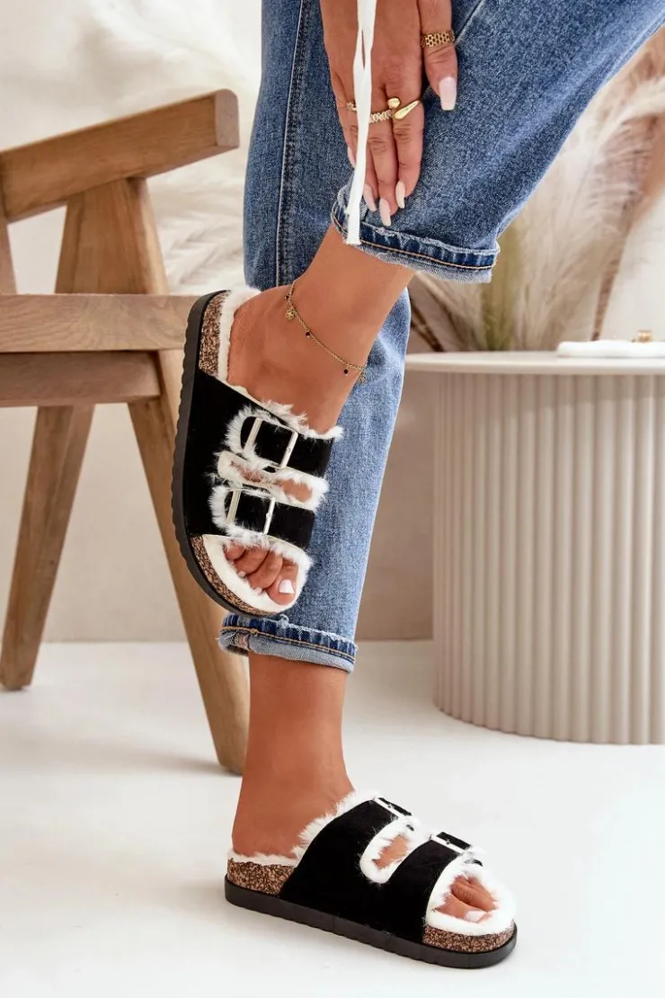 Boto Kapcie Klasyczne*Damskie Kapcie Klapki Z Klamrami I Futerkiem Czarne Ezilena Czarny