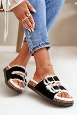 Boto Kapcie Klasyczne*Damskie Kapcie Klapki Z Klamrami I Futerkiem Czarne Ezilena Czarny