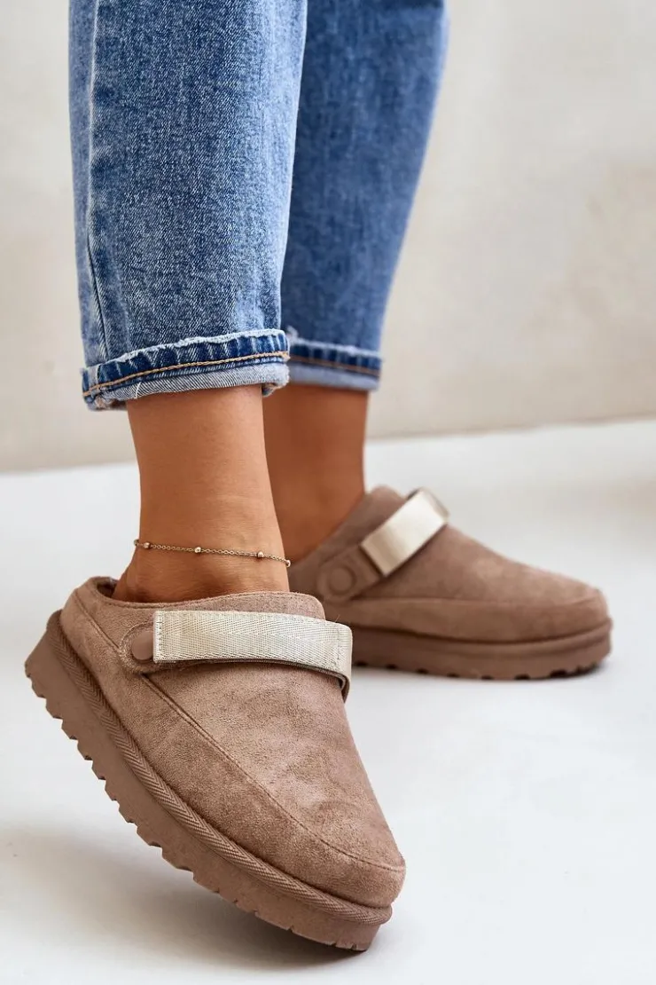 Boto Damskie Kapcie Ocieplane Futerkiem Na Platformie Brązowe Azida Brązowy