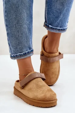 Online Boto Damskie Kapcie Ocieplane Futerkiem Na Platformie Camel Azida Brązowy