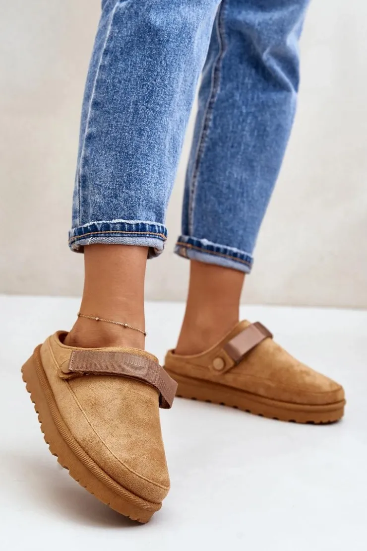 Online Boto Damskie Kapcie Ocieplane Futerkiem Na Platformie Camel Azida Brązowy