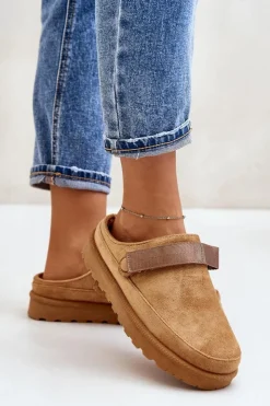 Online Boto Damskie Kapcie Ocieplane Futerkiem Na Platformie Camel Azida Brązowy