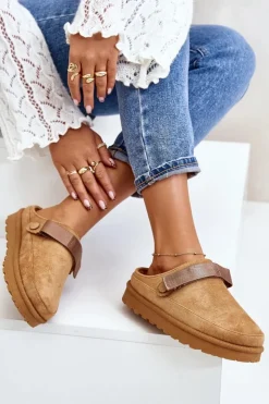 Online Boto Damskie Kapcie Ocieplane Futerkiem Na Platformie Camel Azida Brązowy