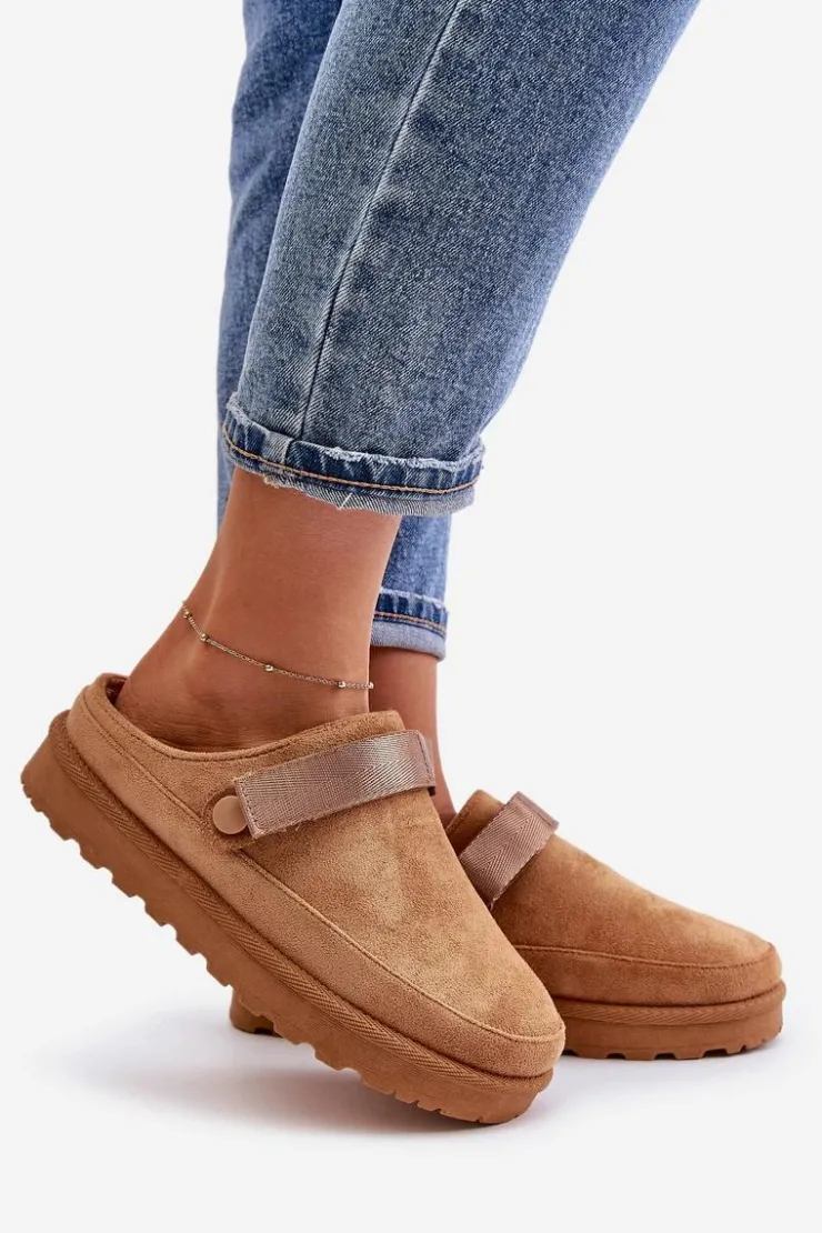 Online Boto Damskie Kapcie Ocieplane Futerkiem Na Platformie Camel Azida Brązowy