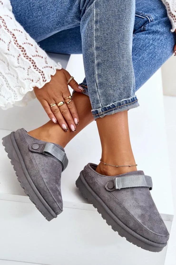 Damskie Boto Damskie Kapcie Ocieplane Futerkiem Na Platformie Szare Azida