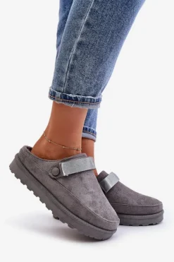 Damskie Boto Damskie Kapcie Ocieplane Futerkiem Na Platformie Szare Azida