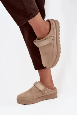 Damskie Boto Damskie Kapcie Ocieplane Futerkiem Na Platformie Beżowe Azida