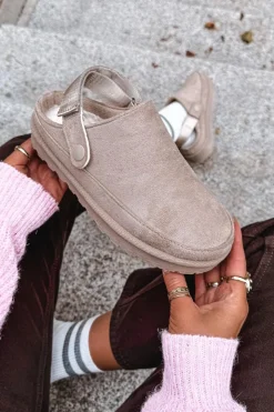 Damskie Boto Damskie Kapcie Ocieplane Futerkiem Na Platformie Beżowe Azida