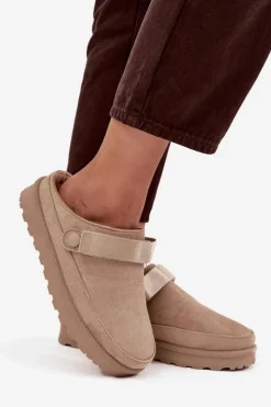 Damskie Boto Damskie Kapcie Ocieplane Futerkiem Na Platformie Beżowe Azida