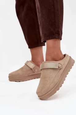 Damskie Boto Damskie Kapcie Ocieplane Futerkiem Na Platformie Beżowe Azida