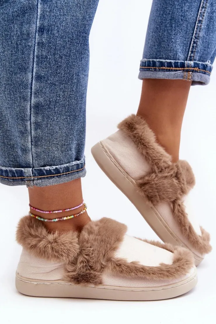 Boto Kapcie Klasyczne*Damskie Kapcie Z Futerkiem Beżowe Sailey Beżowy
