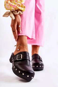 Boto Klapki Damskie Klasyczne*Damskie Klapki Chodaki Na Obcasie Czarne Ivette