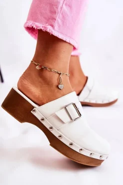 Online Boto Damskie Klapki Chodaki Na Obcasie Białe Ivette