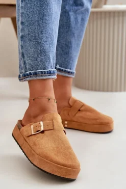 Online Boto Damskie Klapki Chodaki Na Platformie Ze Złotą Klamrą Camel Terilaina Brązowy