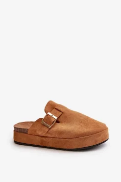 Online Boto Damskie Klapki Chodaki Na Platformie Ze Złotą Klamrą Camel Terilaina Brązowy