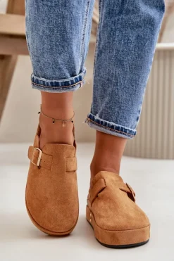 Online Boto Damskie Klapki Chodaki Na Platformie Ze Złotą Klamrą Camel Terilaina Brązowy