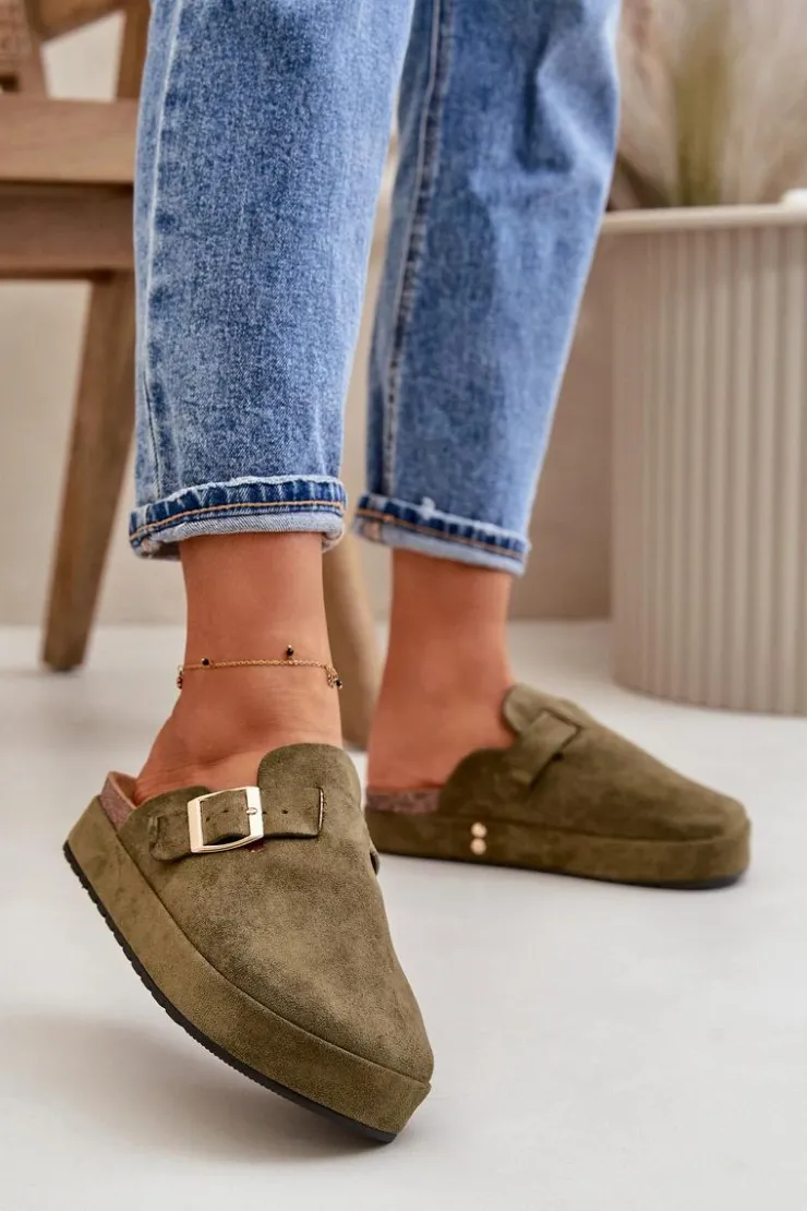 Best Boto Damskie Klapki Chodaki Na Platformie Ze Złotą Klamrą Ciemnozielone Terilaina