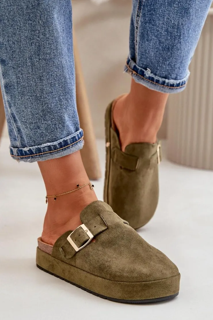 Best Boto Damskie Klapki Chodaki Na Platformie Ze Złotą Klamrą Ciemnozielone Terilaina