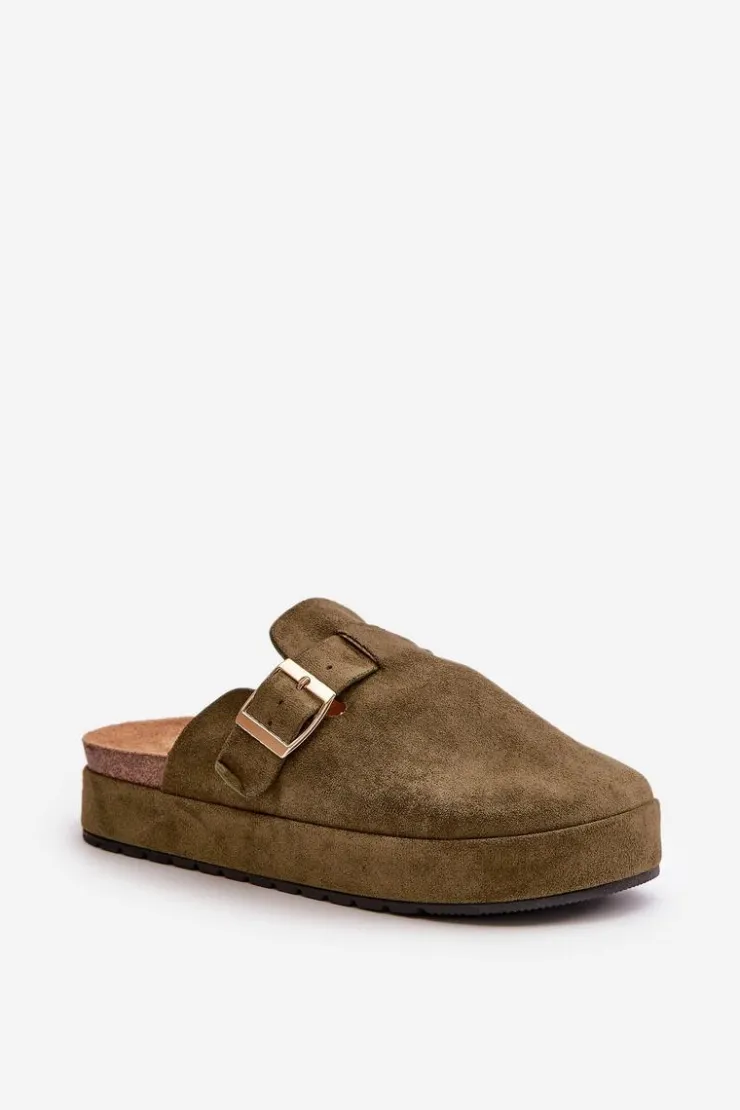 Best Boto Damskie Klapki Chodaki Na Platformie Ze Złotą Klamrą Ciemnozielone Terilaina