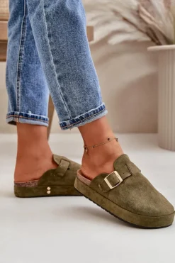 Best Boto Damskie Klapki Chodaki Na Platformie Ze Złotą Klamrą Ciemnozielone Terilaina