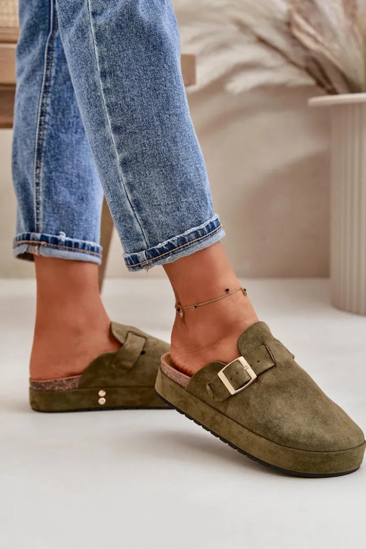 Best Boto Damskie Klapki Chodaki Na Platformie Ze Złotą Klamrą Ciemnozielone Terilaina